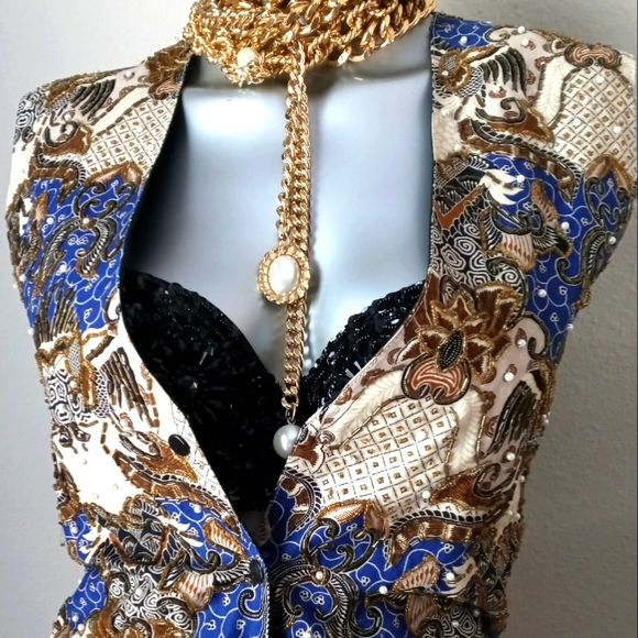 "WESTERN TRIBAL" Vintage "ART to WEAR" Ethnic Beaded Graphics Snap Buttons Vest - Picture 9 of 13